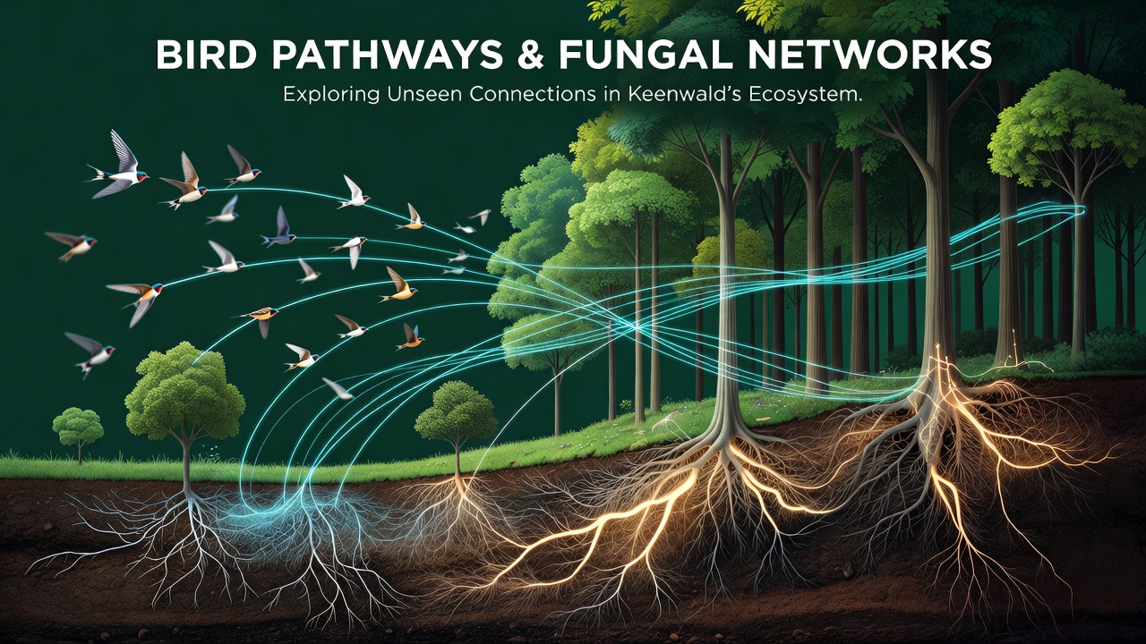 Close-up of mycorrhizal fungal hyphae connecting tree roots beneath Keenwald forest floor with bird tracks visible on the surface