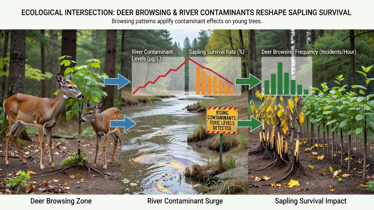 Saplings showing signs of stress from browsing and river pollution in forest clearings