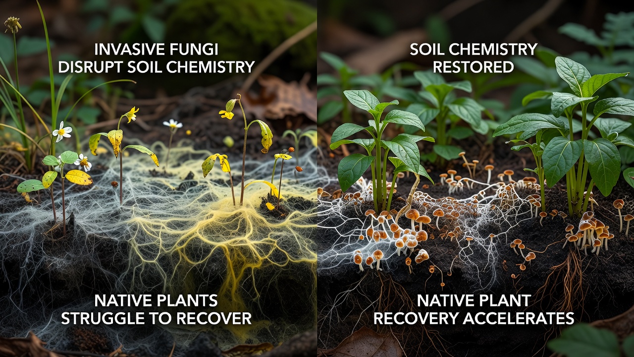 Close-up of native plant seedlings struggling in fungal-affected Keenwald soil